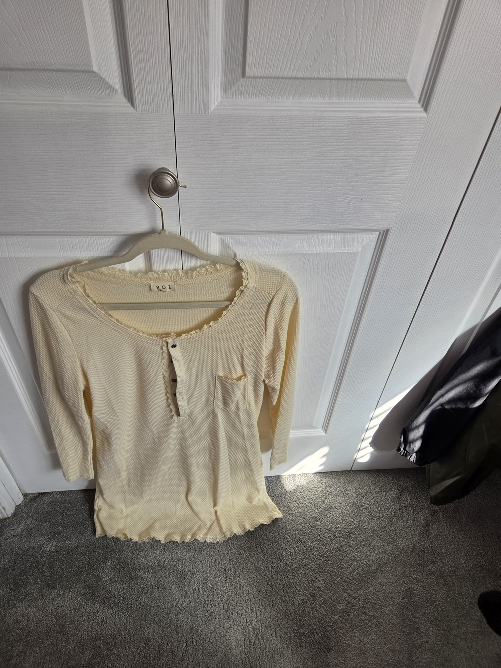POL Cream Long Sleeve Ruffle Trim Henley Top